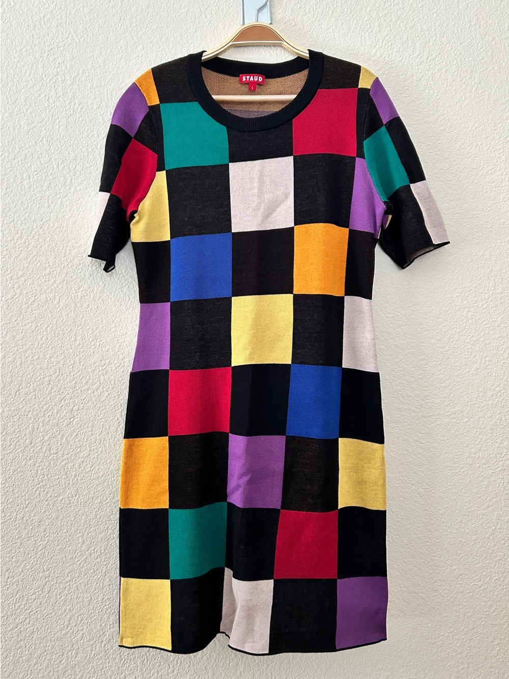 Staud Super Soft Cotton Knit Omars Checked Mercerized Cotton Mini Dress Large - Picture 2 of 10